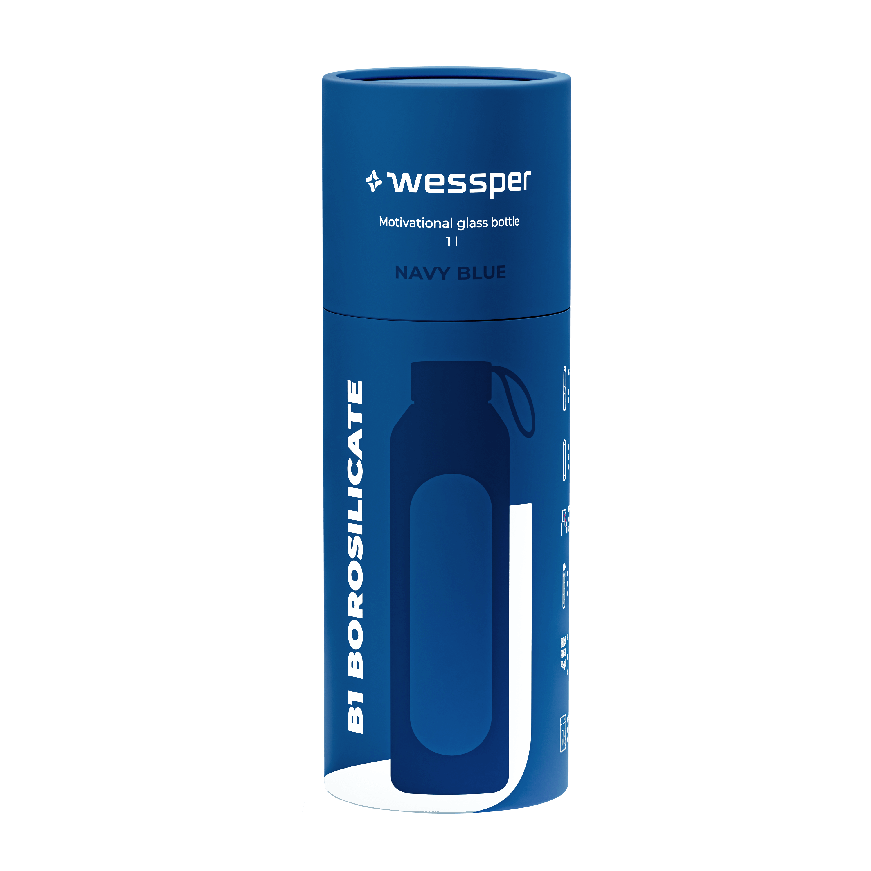 Butelka motywacyjna Wessper B1 BOROSILICATE Navy Blue 1 L