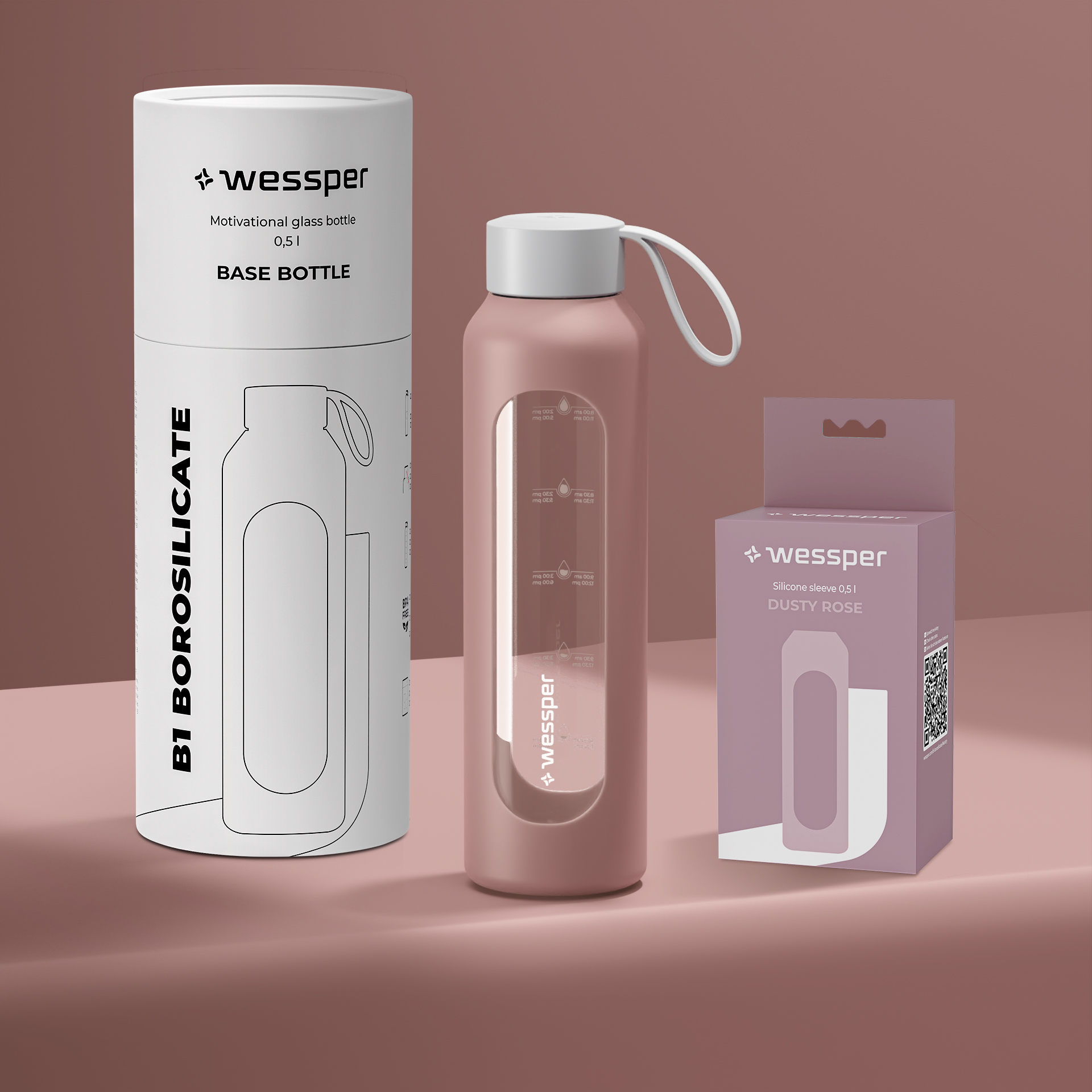 Butelka motywacyjna Wessper B1 BOROSILICATE Dusty Rose 500 ml