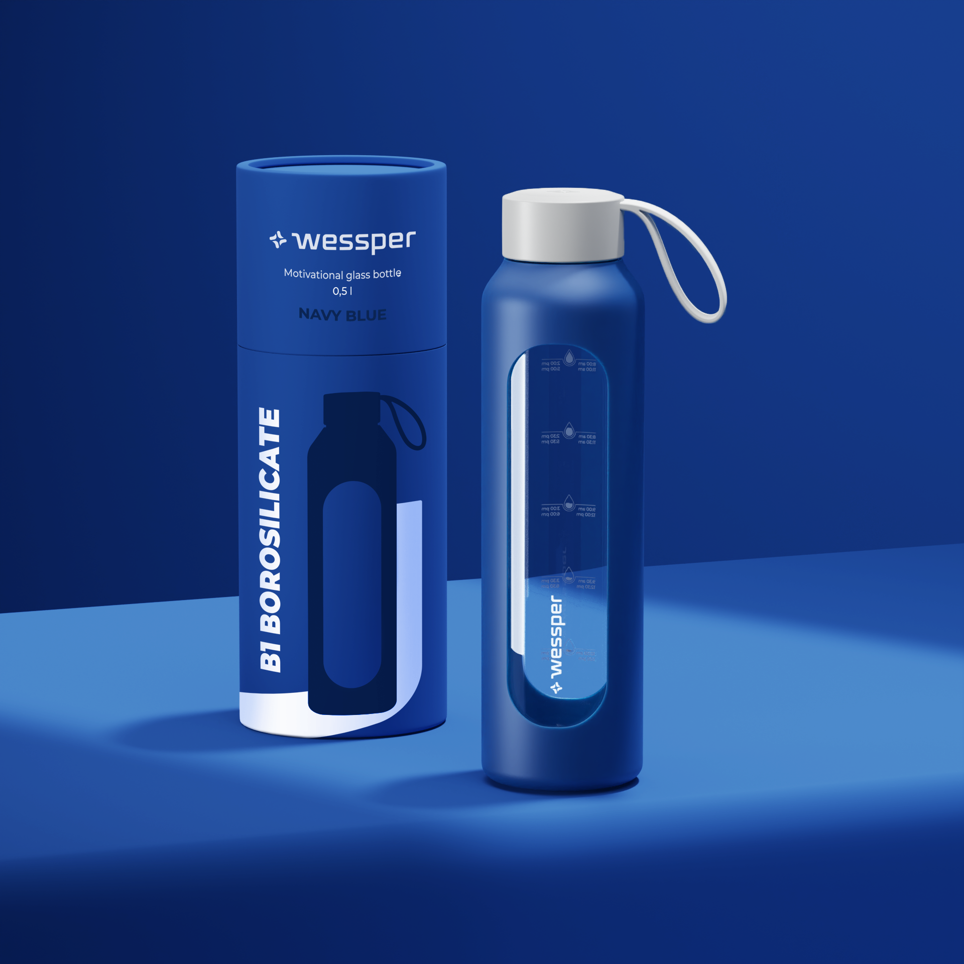 Butelka motywacyjna Wessper B1 BOROSILICATE Navy Blue 500 ml