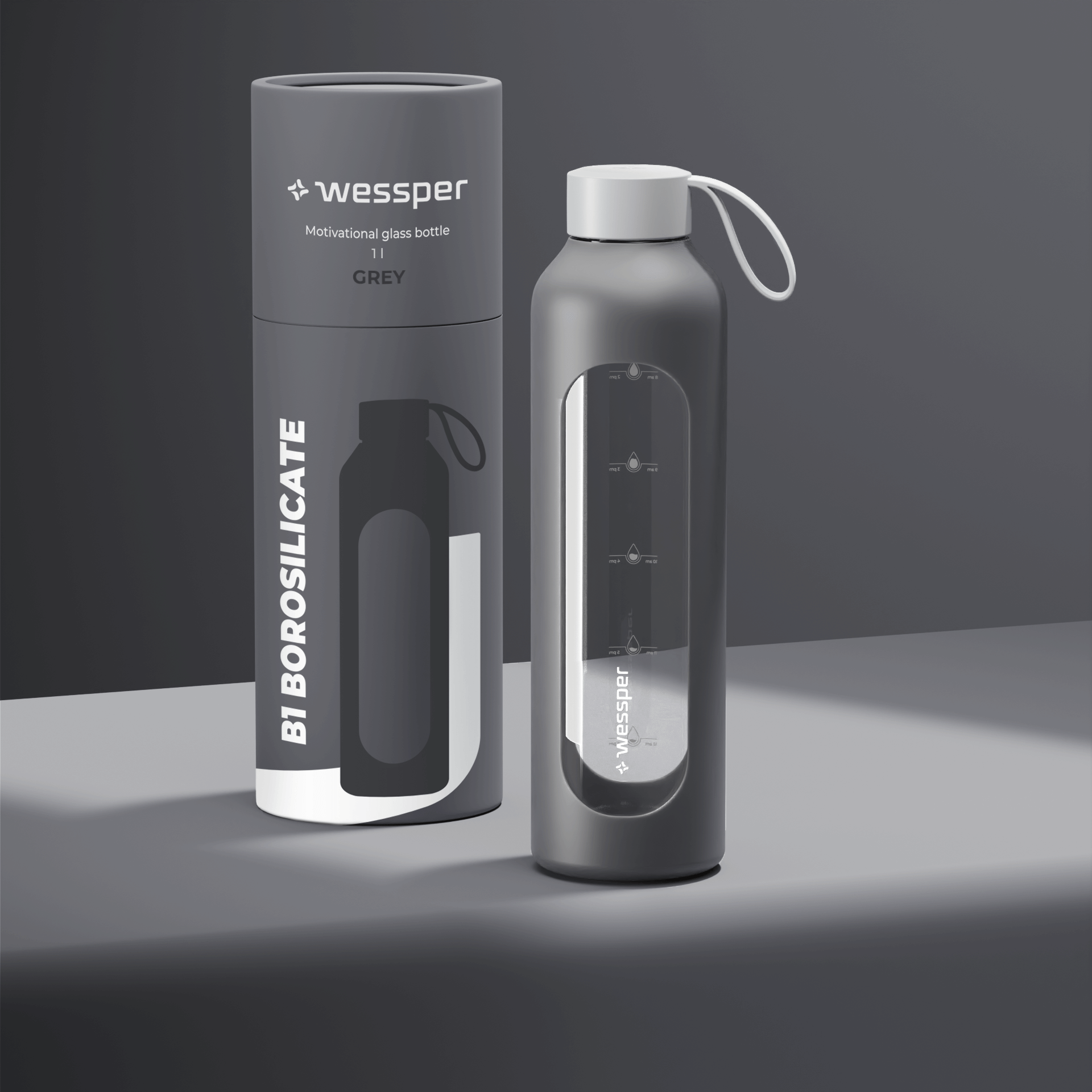 Butelka motywacyjna Wessper B1 BOROSILICATE Grey 1 L