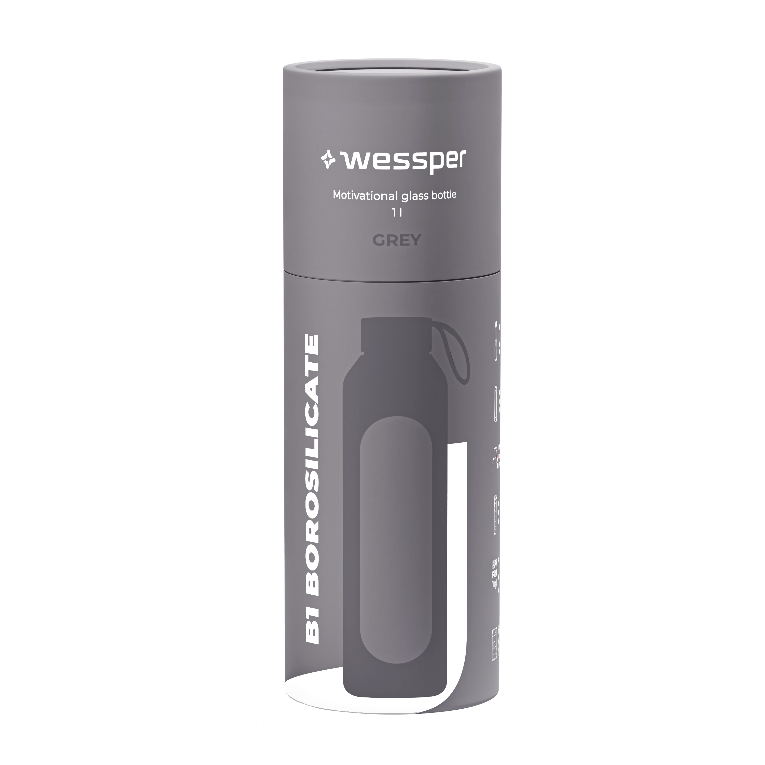 Butelka motywacyjna Wessper B1 BOROSILICATE Grey 1 L