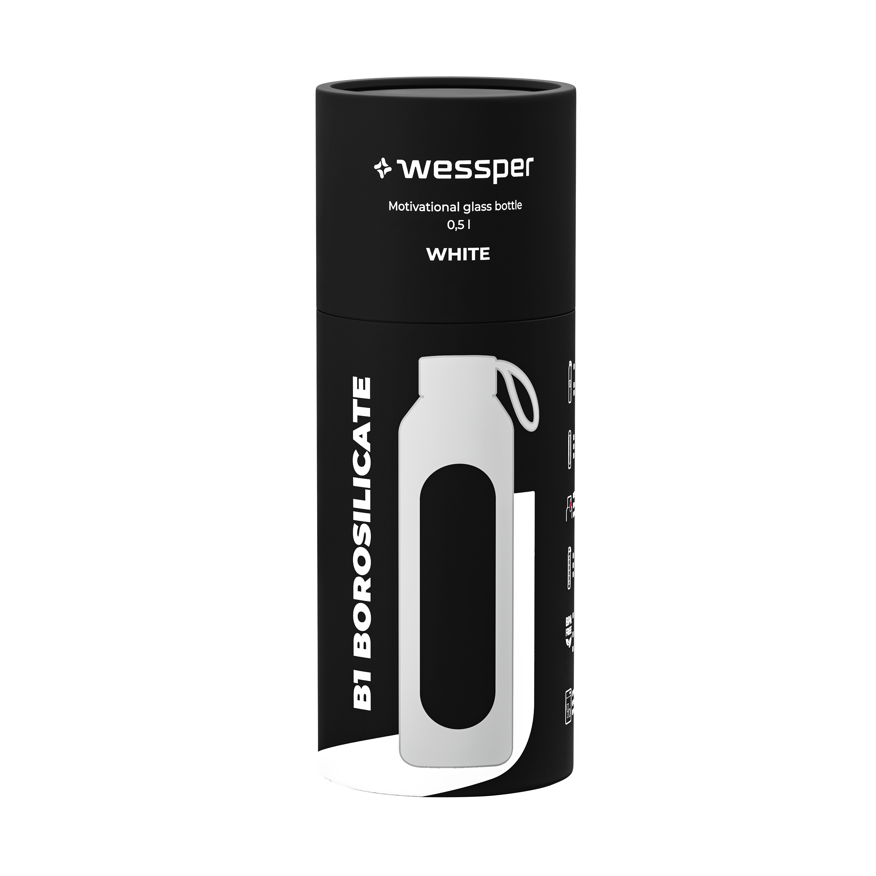Butelka motywacyjna Wessper B1 BOROSILICATE Biała 500 ml